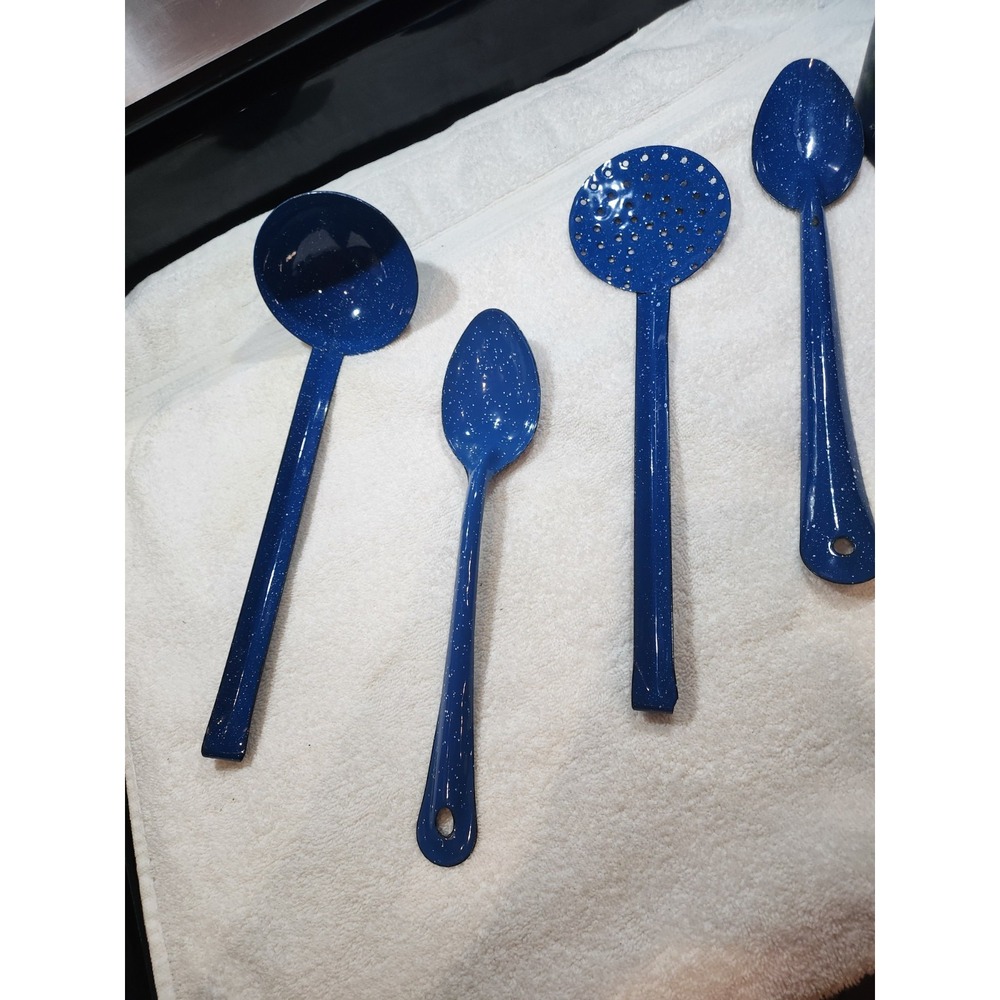 Vintage~Enamel lot~chuckwagon~blue metal splatterware~Skimmer~ Ladle~2 Spoons